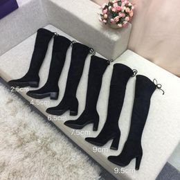 Сапоги женская зимняя мода замшевые каблуки искренняя кожа без колена продавать черные растяжки плюс размер 42
