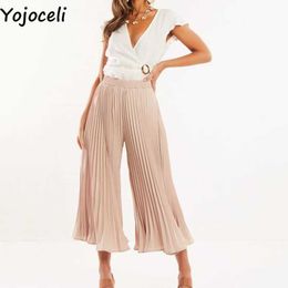 Yojoceli Sexy pleated loose chiffon pant Autumn casual wide leg female High waist cool trouse bottom 210609