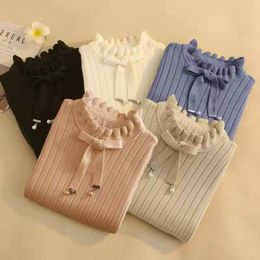 Sweater Female Spring Korean Lace-up Beading Bow Collar Women Tops Clothing Fashion Ruffled Pullovers 200H 210420