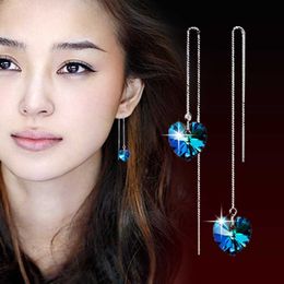 Womens Earrings Dangle crystal silver plated women's long ocean Heart Jewelry Tassel Blue drop style