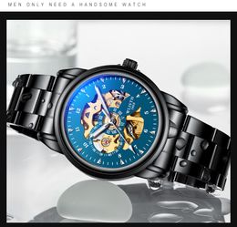 Men's Fashion Business Calendar Watches Men skeleton dial Blue Stainless Steel Mesh Belt Analog automatic movement Watch