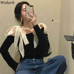 Bow Bandage Off Shoulder Long Sleeve Blouse Women Elegant Patchwork Black Tops Shirt Korean Fashion Blusas 210519