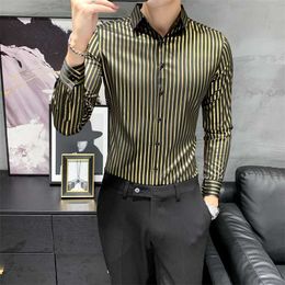 Gold Striped Men Shirts Long Sleeve Chemise Homme Luxury Dress Shirt night club Social Party men clothing camisa masculina 210527