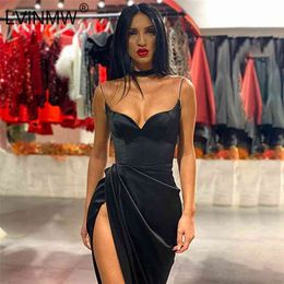 LVINMW Sexy Black Satin Spaghetti Straps Low Cut Long Dress Women Summer Ruched Side High Split Maxi Dress Elegant Party Club 210730