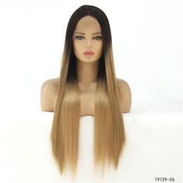 12~26 inches Long Synthetic Lace Front Wigs Silky Straight Black T Color perruques de cheveux humains Wig 19729-26