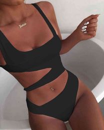 Women Spaghetti Strap Solid Cutout One Piece Swimsuit Female Bandeau Thong Brazilian Biquini Bikini Set Bathing Suit Bather 210415