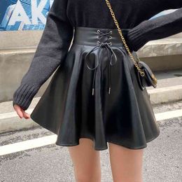 Pleated High Waist Black Leather Skirt female Autumn/winter Korean version A-word big swing washed PU Women 691G 210420
