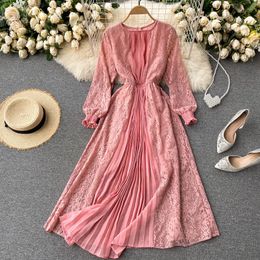 SINGREINY Design Splice Lace Pleated Dress Women French Puff Sleeve O Neck A-line Dresses Autumn Fashion Streetwear Midi Dress 210419