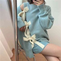 Womens' Korean Bow Tie Hollow-out Split Pullover Sweater Causal Long Sleeve O-neck Knitted Tops Autumn Winter Jumper PL497 210506