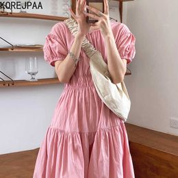 Korejpaa Women Dress Korea Chic Summer Gentle Retro O-neck Crease Trim Height Waist Bubble Sleeves Over Knee-length Dresses 210526