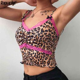 Summer Fashion Leopard Print Strap Lace Design Ruffles Sexy Camis Crop Top Women Backless Deep V Neck Tank Tops Party Club 210510