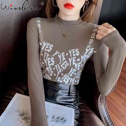 Spring Fall Korean Style T-Shirt Girl Fashion Print Letter Mock Neck Women Tops Long Sleeve Bottoming Shirt Tees T11702A 210421