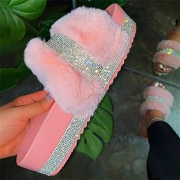 2021 Rhinestone Women Platform Fur Slides,Cute Fuzzy Fluffy Slippers,Soft Wedges Zapatillas Mujer Wholesale Y1120