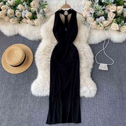 Summer Women Maxi Dress Black Deep V-neck Sleeveless Open Back Prom Party Long Side Split Cocktail Club Vestidos 210603