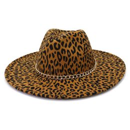panamas hats leopard western cowboy jazz caps chain fedora hats luxury fashionable khaki camel white felted big brim 9.5cm hats