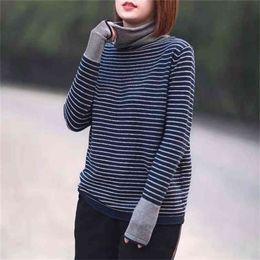Turtleneck Bottoming Women's Sweater Striped Loose Casual Slimming Long-sleeved Knitted Pullovers Jumpers Spring Summer 210427
