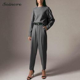 Pantalones de dos piezas de las mujeres Traje de dos piezas 2021 Fashion Woolen Fashion Gray Cuello redondo Suéter Sudadera con capucha Pantalón Sólido Color Casual Oficina Señora