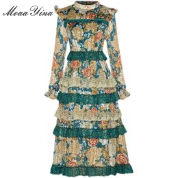 Fashion dress Spring Women Dress Mesh Long sleeve Beaded Vintage Floral Print Lace Cascading Ruffle Chiffon Dresses 210524