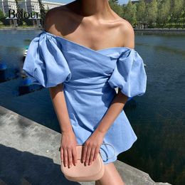 Bclout Off Shoulder Cotton Sexy Dress For Women Blue Lantern Sleeve Slim Mini Dress Summer Backless Party Night Dress Woman 210709