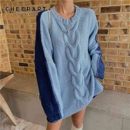 Pullover Cable Knit Sweater Women Blue Oversized Patchwork Loose Top Winter Fashion 210427