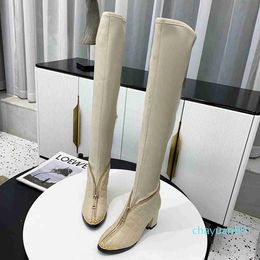 2021 zíper designer coxa-alta botas femininas moda couro elástico sobre o joelho bota 7.5cm saltos grossos martin botas