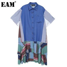 [EAM] Women Blue Big Size Denim Spliced Striped Dress Lapel Short Sleeve Loose Fit Fashion Spring Summer 1DD6987 210512