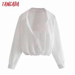 Women White Crop Blouse Long Sleeve Chic Female Lady Shirt Blusas Femininas 4M17 210416
