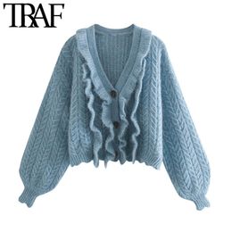 TRAF Women Fashion Loose Ruffled Knitted Cardigan Sweater Vintage V Neck Lantern Sleeve Female Outerwear Chic Tops 210415