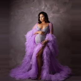 Plus Size Tulle Prom Dresses Ruffles Long Sleeve Maternity Robe For Photo Shoot Sheer Sexy Bridal Pregnancy Dress Custom Made