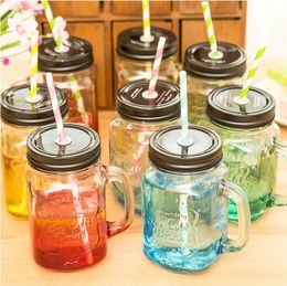 Glass Mason Cup Drinkware With Lid and Straws Reusable Wide Mouth Smoothie Bubble Tea Masons Jars Cups 500ml