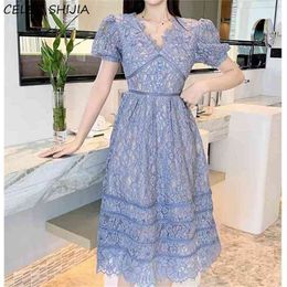 Elegant Lace Dresses for Woman Short Sleeve V-neck Blue White Vintage Vestido Mujer High Waist Bridesmaid Dress Female 210603