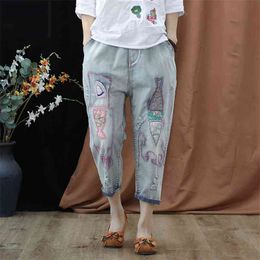 High Quality Elastic Waist Jeans Spring Autumn Women Loose Casual Harem Pants Embroidery Vintage Denim D553 210512