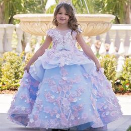 Lovely Puff Ball Gown Flower Girls Dresses Lace Applique Beading Pageant Gowns with Bow Sash Ruffles Girl's Birthday Party Dress