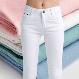 White high waist jean spring woman skinny slim OL office lady denim pencil pants female femme trousers 210809
