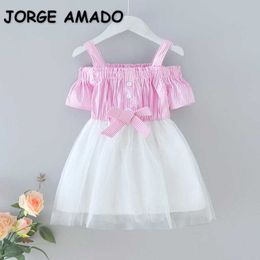 Summer Kids Girls Dress Pink Blue Sling Shoulderless Bow Botton Striped White Mesh Vestidos for 2-6 Years E172 210610