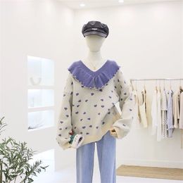 Girl Love Printing V-neck Pullover Sweater Women Lotus Leaf Collar Stitching Loose Sweet Wind Knitted Female 210427