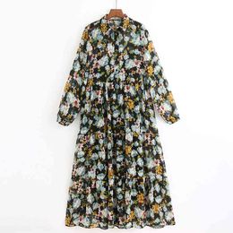 Prairie Chic Floral Printed Long Dresses Women Fashion Turn Down Collar Dress Elegant Ladies Mid Calf Dresses 210520