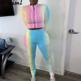 Fashion Rainbow Tie Dye Print Two Piece Outfits for Women Plus Size Tracksuit Long Sleeve Crop Tops Pencil Pants Set Streetwear 210513