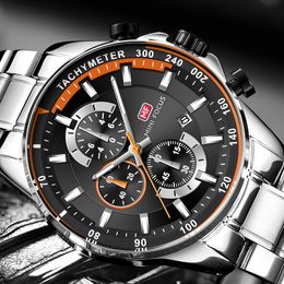 Mens Chronograph Stainless Steel Strap Military Sport Quartz Wrist Watches with Luminous Hands Clock Man Relogio Masculino