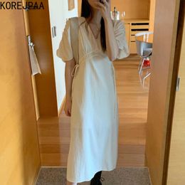 Korejpaa Women Dress Summer Korean Chic Ladies Elegant Temperament V-Neck High Waist Design Pleated Puff Sleeve Vestidos 210526