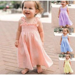 Girl's Dresses 100% Cotton Toddler Girl Summer Dress Clothes Kids Baby Solid Ruffle Sleeveless Linen Strap Casual Pleated 1-6Y