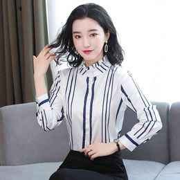 Korean Silk Shirts Women Satin Print Blouse Woman Striped Tops Plus Size Long Sleeve s 210427