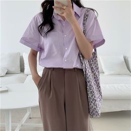All Match Brief Tops Blouses Solid Office Lady Short Sleeves Loose Cotton Chic Summer Pockets Shirts 210421