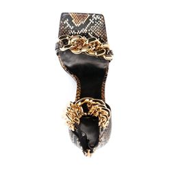 2021 Women Ladies Genuine Real Leather High Heels Sandals Summer Casual Square Toe Gold Metal Party Wedding Dress Gladiator Zipper Sexy Shoes Snake Size 34-43G