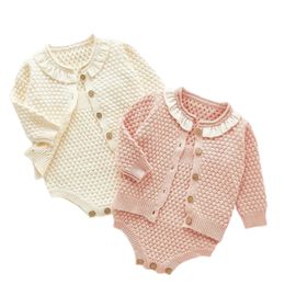 Knitted Clothes Girl Knit Romper Infant Baby Jumpsuit Lovely Fashion Princess Long Sleeve Coat+Romper Suit 2PCS 210417