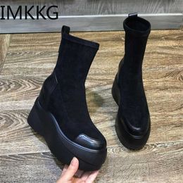 Autumn Boot Shoes Woman Fashion Round toe Ankle Winter Elastic Black Comfortable Botas 211105
