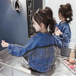 Spring Autumn Kids Girls Fashion Tassel Denim Jackets Long Sleeve Pocket Coat Children Casual Outwear A16 211204