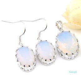 Classic Oval Shaped Genuine Retro White Moonstone Gemstone LuckyShine Silver Women's Gorgeous Earrings Pendants Jewelry Sets 2 Pieces 1 Set