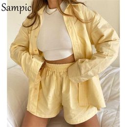 Sampic Casual Womem Yellow Lounge Wear Summer Tracksuit Shorts Set Long Sleeve Shirt Tops And Mini Shorts Suit Two Piece Set Y0702