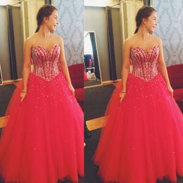 Strapless Tulle Major Beaded Quinceanera Dresses Stones Ball Gowns Floor Length Prom Party Princess Dressesp